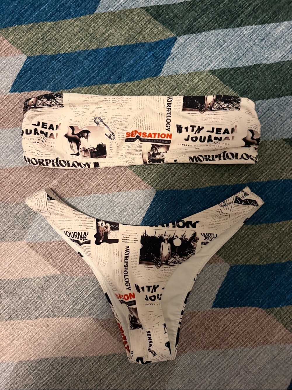 With Jean White & Black Newspaper Print Bandeau Bikini